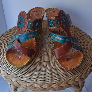 Corkys Elite Colorful Leather Turquoise & Brown Embroidered Sandals